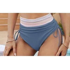 Blooming Jelly Bikini Bottoms MEDIUM High Waisted Tummy Control Blue Ruched Tie
